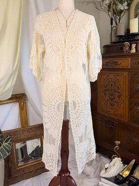 Cream Crochet Duster Kimono Summer Embroidery Beach Boho Chic Lace Coastal